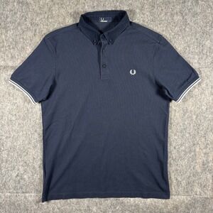 Fred Perry Button Down Polo Shirt Men's Large Blue Short Sleeve